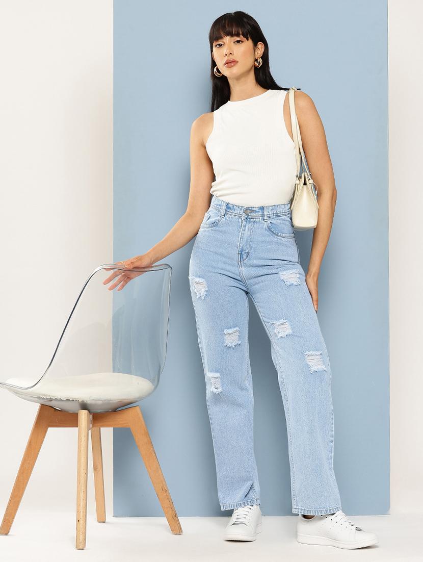 women distressed high rise straight fit jean - 22012649 - Standard Image - 1