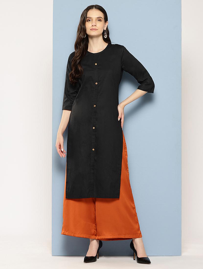 women solid three quarter sleeve straight kurta - 22012657 - Standard Image - 1