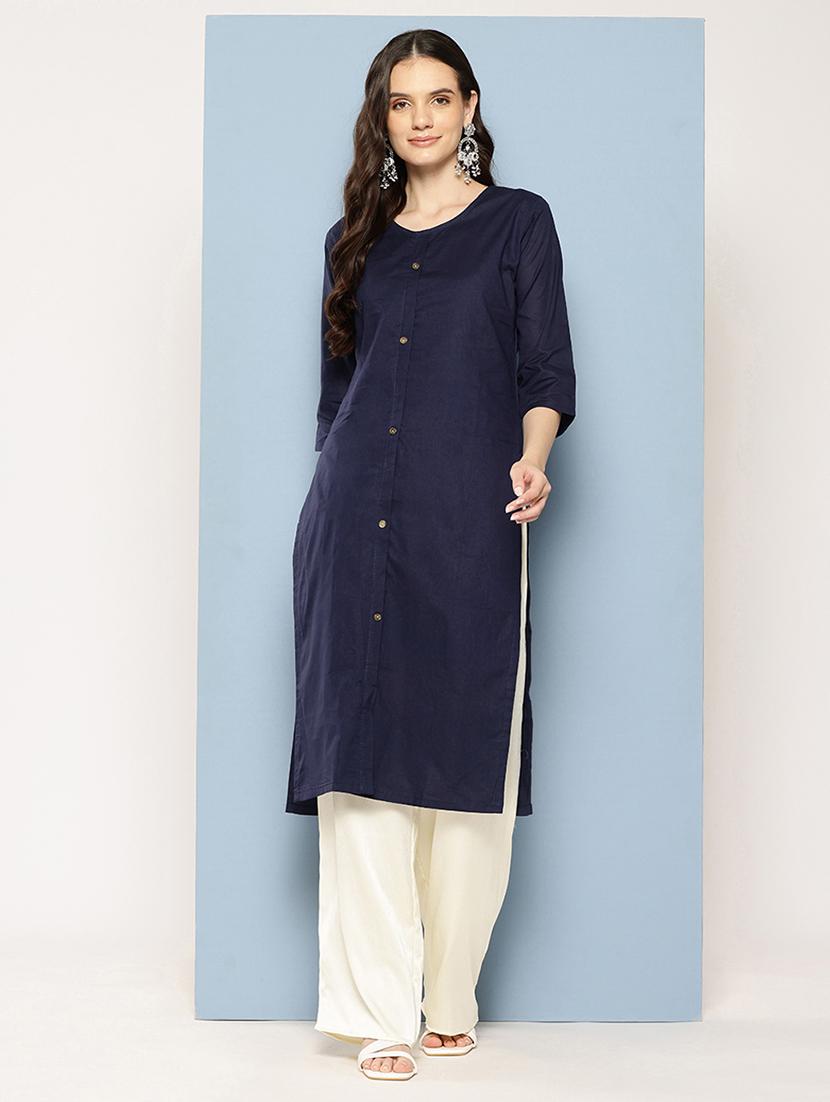 women solid three quarter sleeve straight kurta - 22012659 - Standard Image - 1