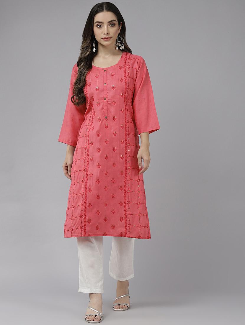 women embroidered three quarter sleeve a-line kurta - 22012660 - Standard Image - 1