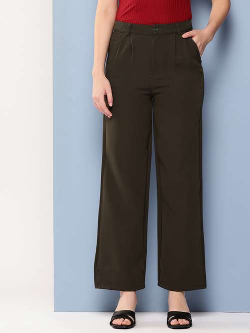 women solid mid rise straight trouser - 22012685 -  Standard Image - 0