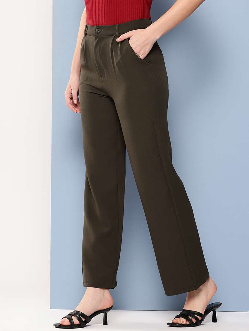 women solid mid rise straight trouser - 22012685 -  Standard Image - 1