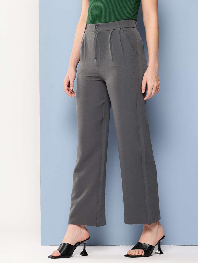 women solid mid rise straight trouser - 22012687 -  Standard Image - 1