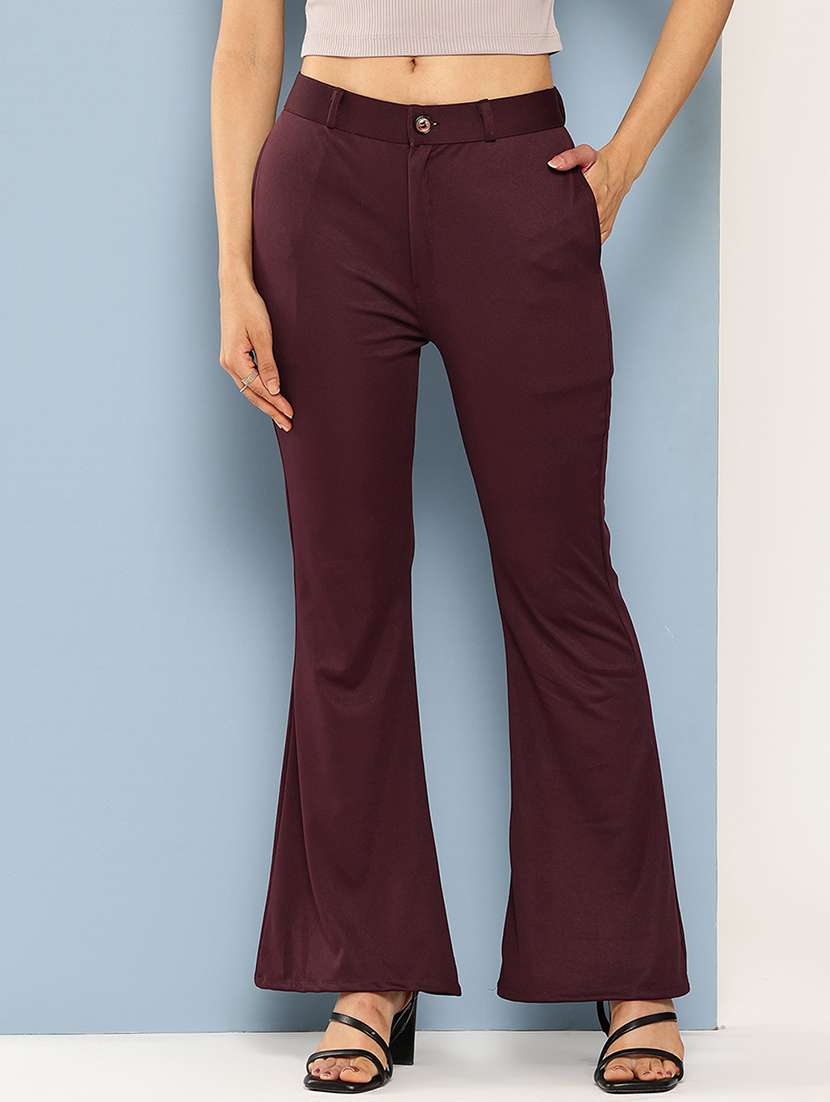 maroon crepe flared casual trousers