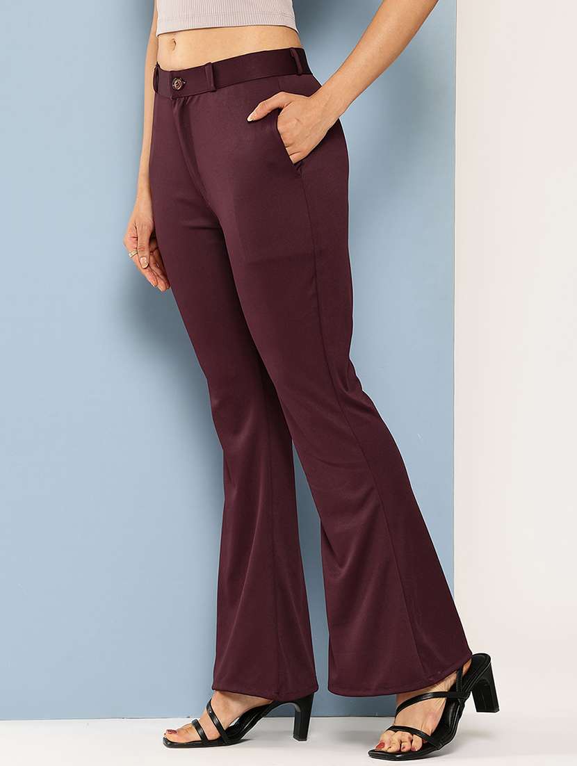 maroon crepe flared casual trousers - 22012693 -  Standard Image - 1