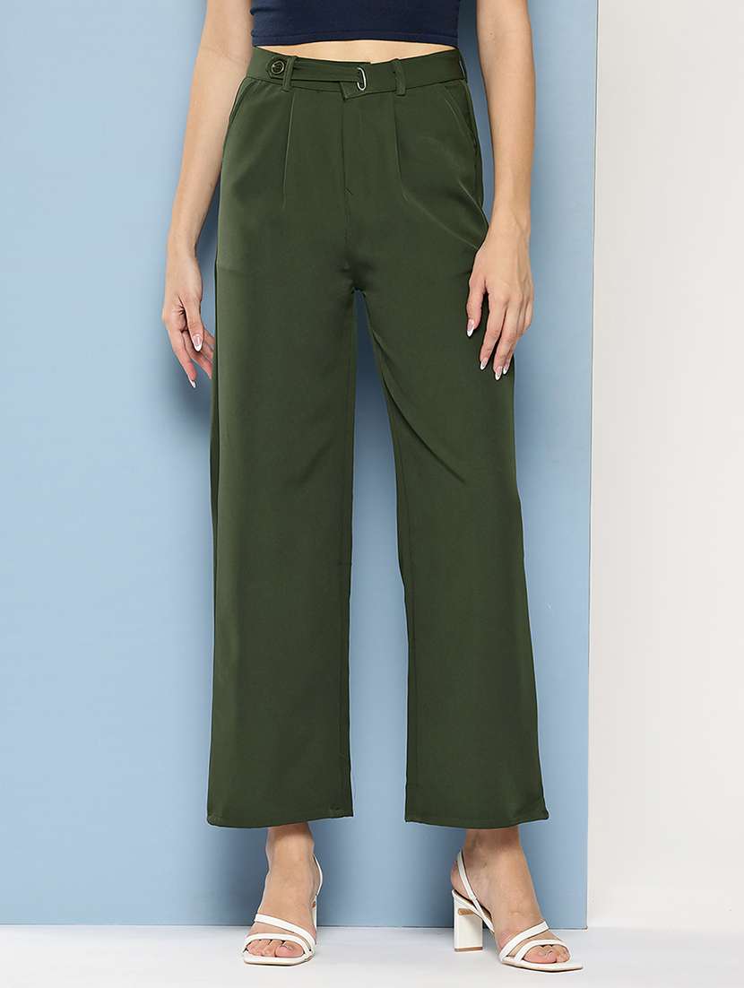 women solid mid rise straight trouser