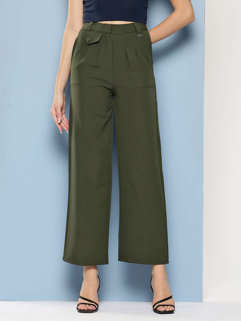 women solid high rise straight trouser