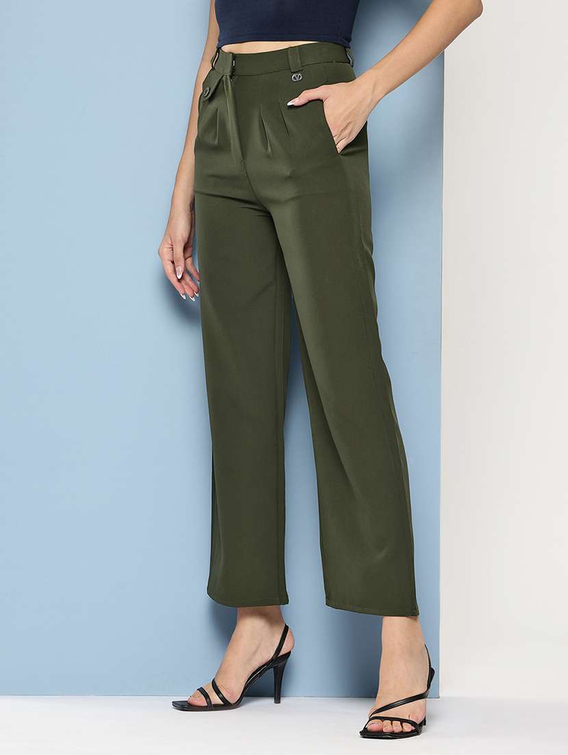 women solid high rise straight trouser - 22012704 -  Standard Image - 1
