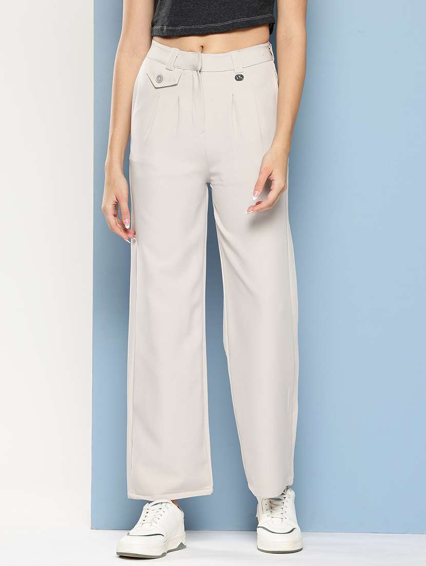 women solid mid rise straight trouser