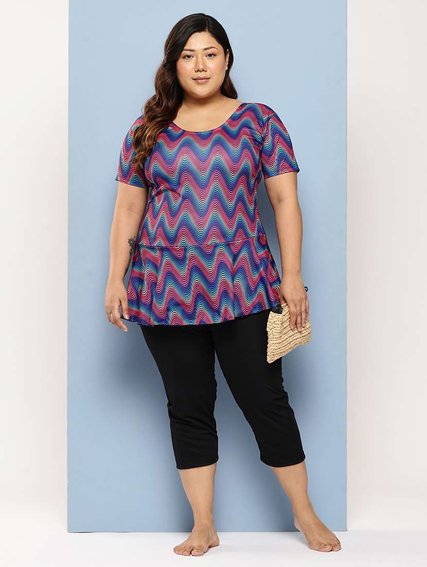 women plus size printed round neck swimsuit with cap - 22012743 -  Standard Image - 1