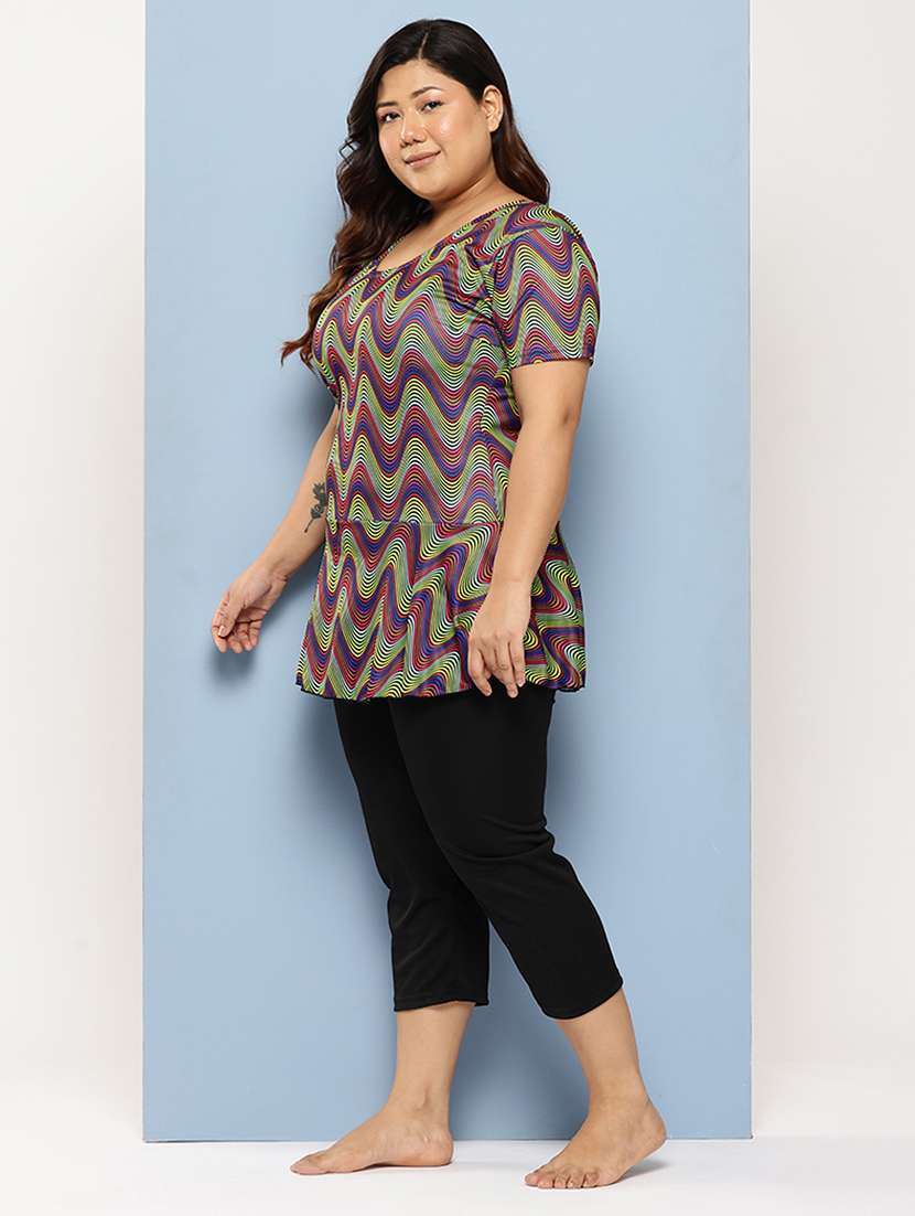 women plus size printed round neck swimsuit with cap - 22012744 -  Standard Image - 1