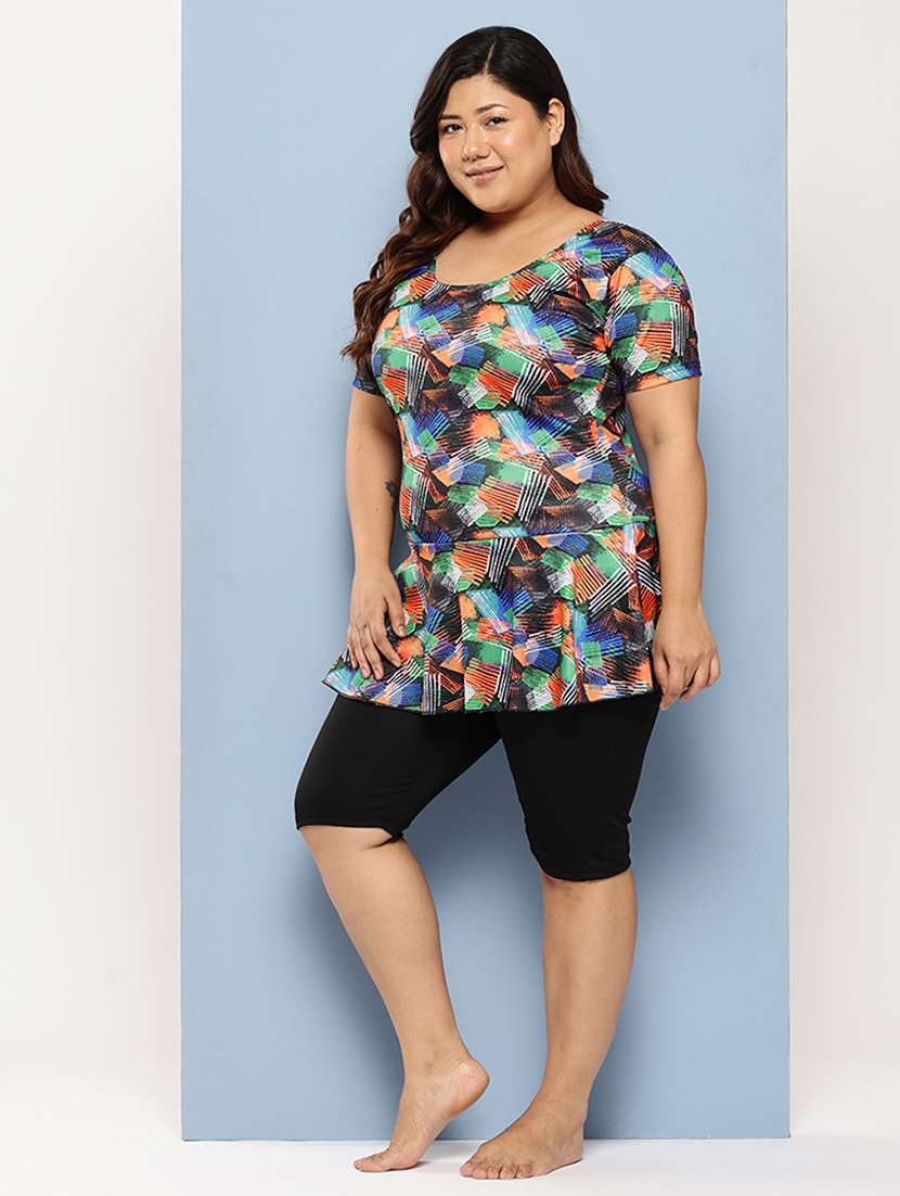 women plus size printed round neck swimsuit with cap - 22012752 -  Standard Image - 1