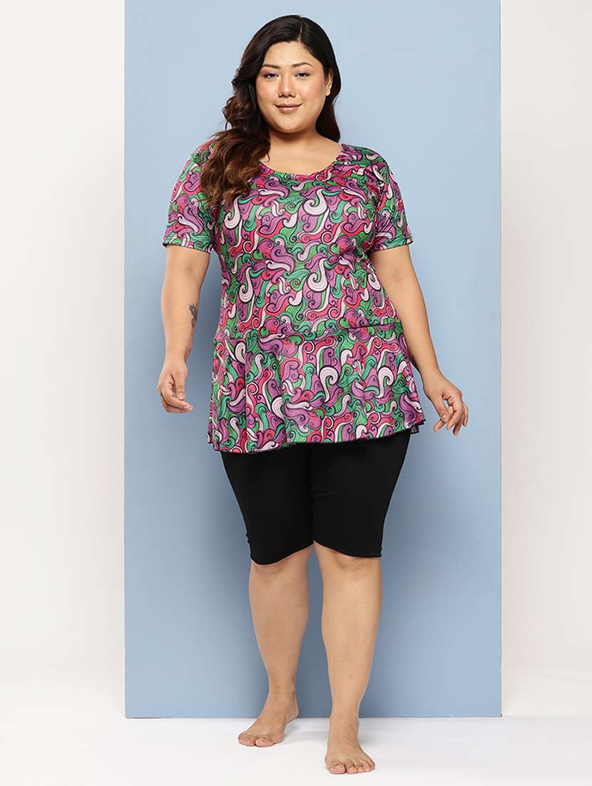 women plus size printed round neck swimsuit with cap - 22012753 -  Standard Image - 1