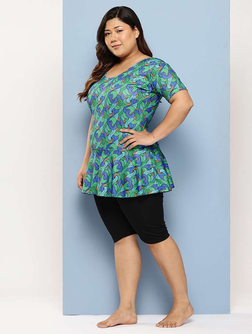 women plus size printed round neck swimsuit with cap - 22012754 -  Standard Image - 1
