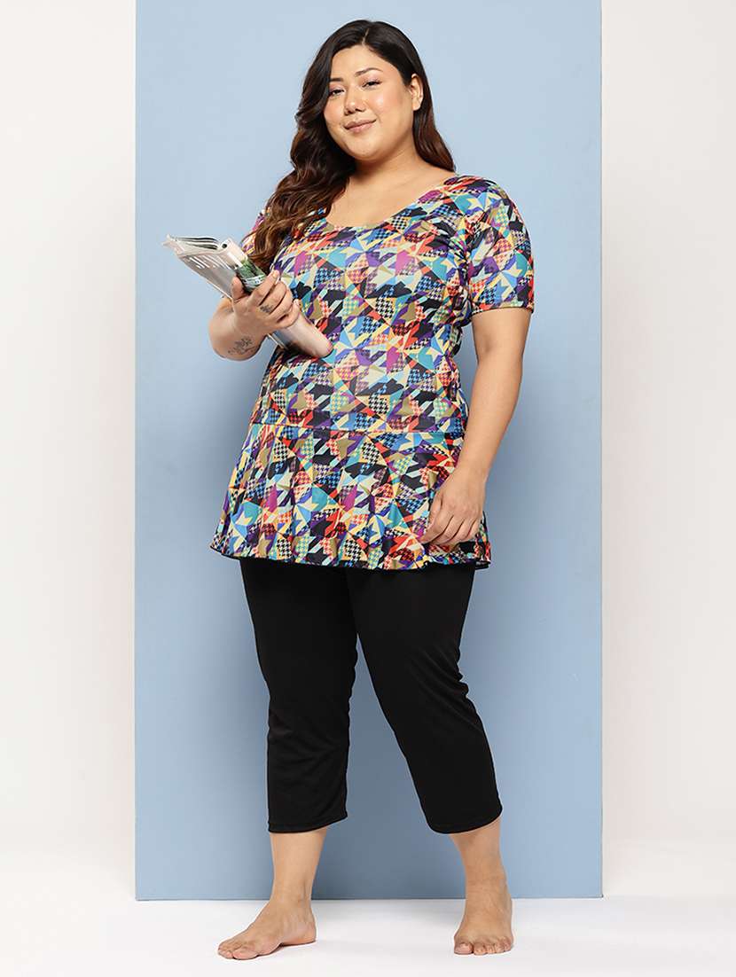 women plus size printed round neck swimsuit with goggles - 22012767 -  Standard Image - 1