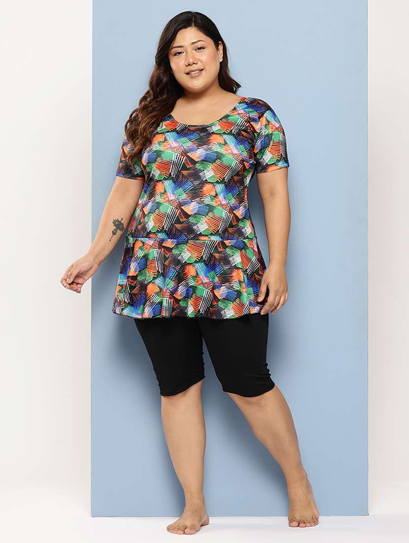 women plus size printed round neck swimsuit with goggles - 22012772 - Standard Image - 1