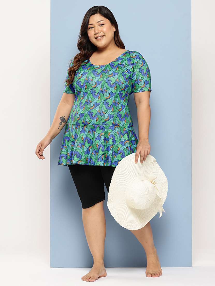 women plus size printed round neck swimsuit with goggles - 22012774 -  Standard Image - 1