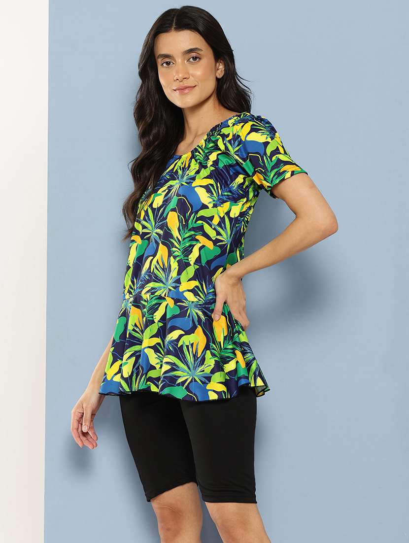 women tropical printed round neck swimsuit with cap - 22012780 -  Standard Image - 1
