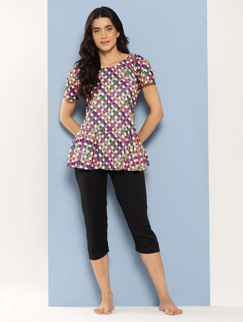 women checkered round neck swimsuit with cap - 22012787 -  Standard Image - 1