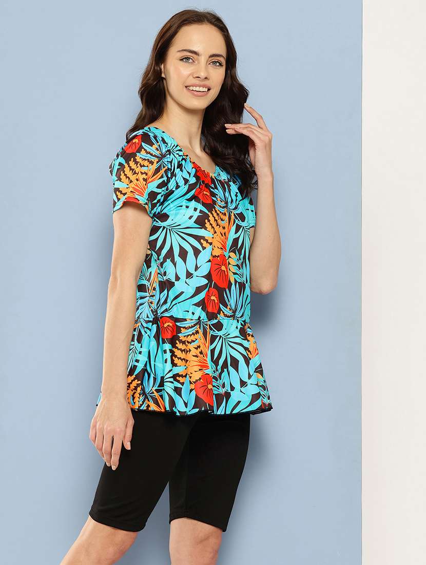 women tropical printed round neck swimsuit with cap - 22012793 -  Standard Image - 1