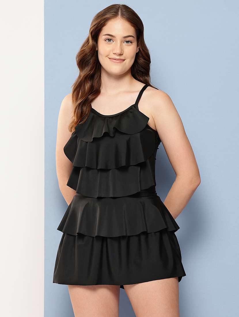 women black solid shoulder strap ruffled swimsuit