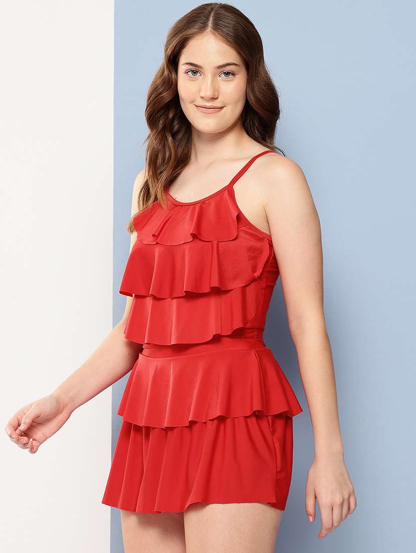 women red solid shoulder strap ruffled swimsuit - 22012834 -  Standard Image - 1