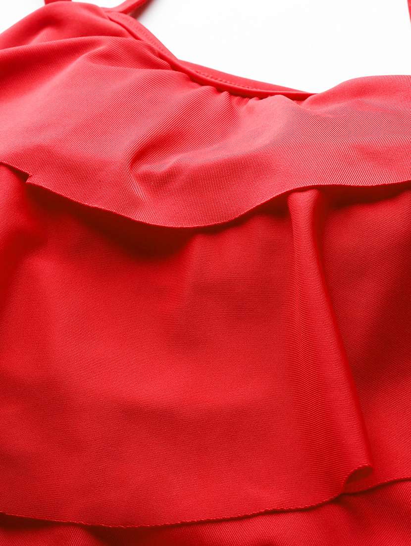 women red solid shoulder strap ruffled swimsuit - 22012834 -  Standard Image - 4