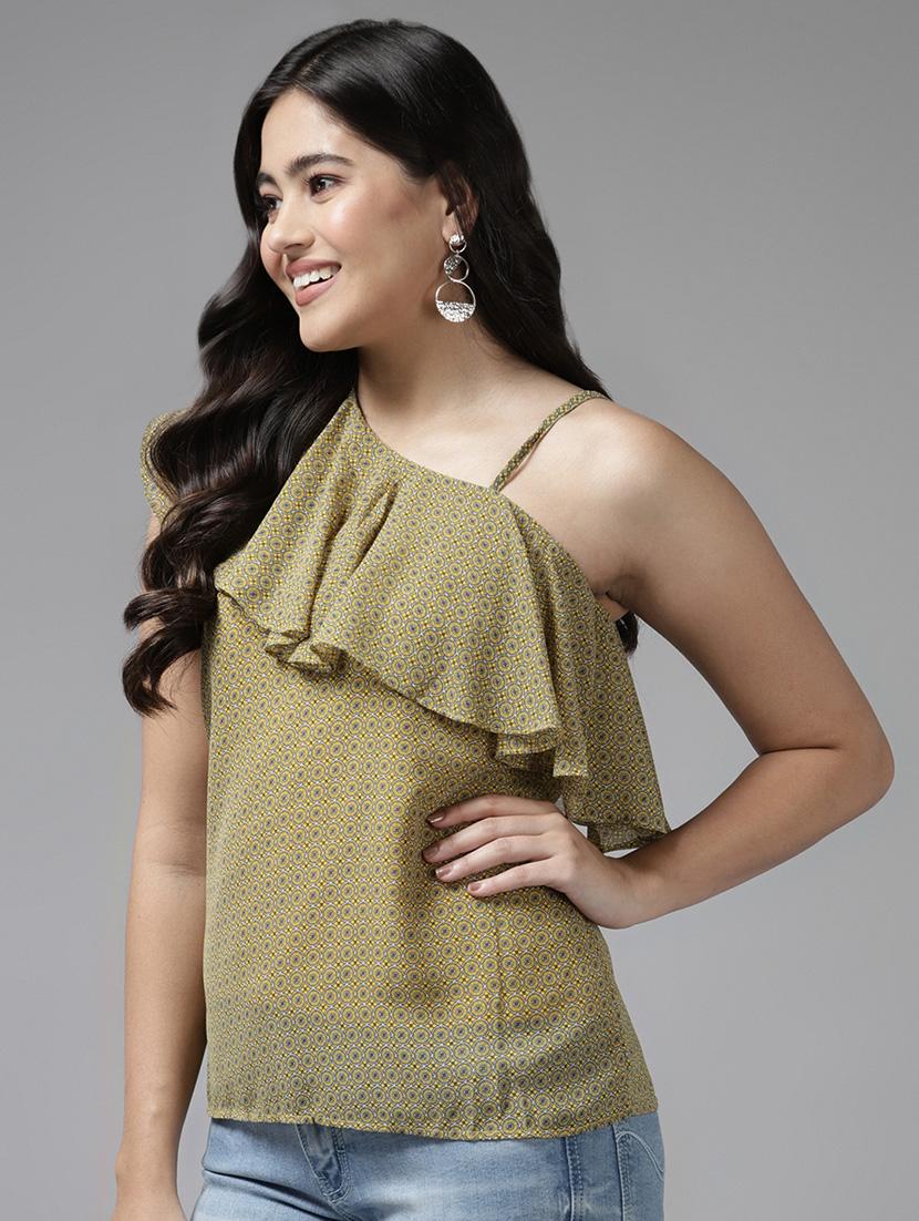 women olive printed singke shoulder regular top - 22012839 -  Standard Image - 1