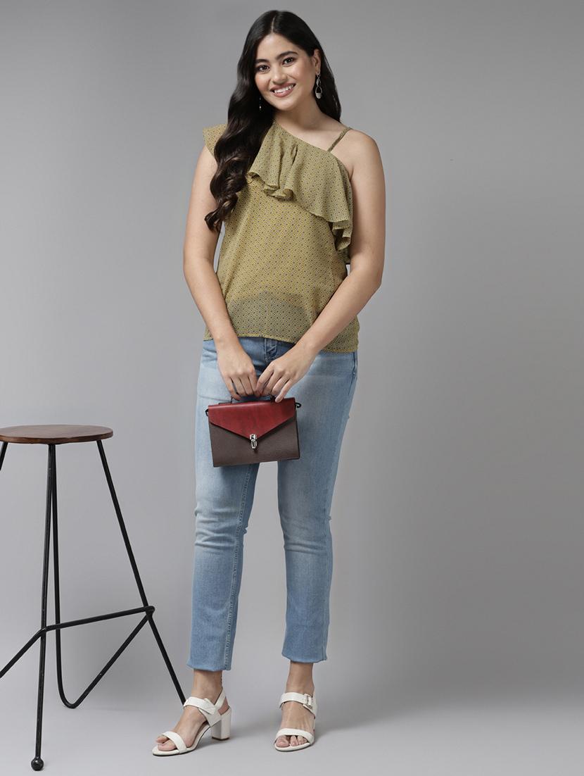 women olive printed singke shoulder regular top - 22012839 - Standard Image - 4