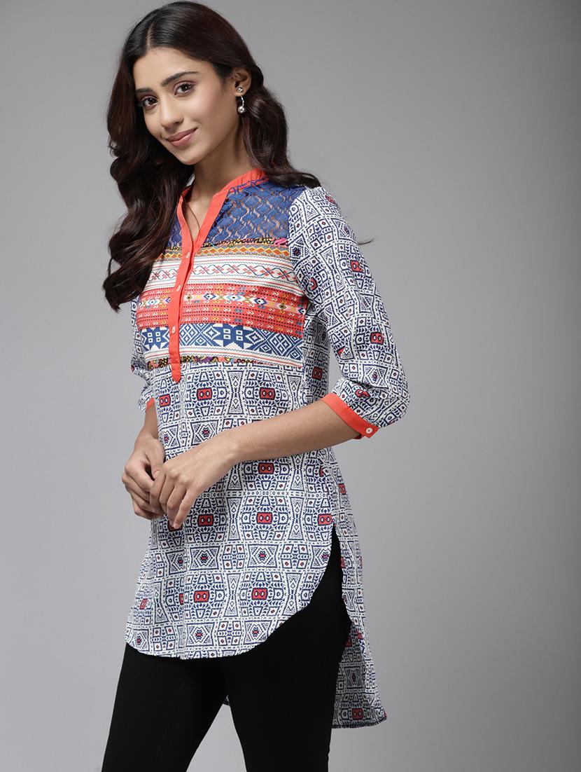 women printed mandarin collared high low top - 22012840 - Standard Image - 1
