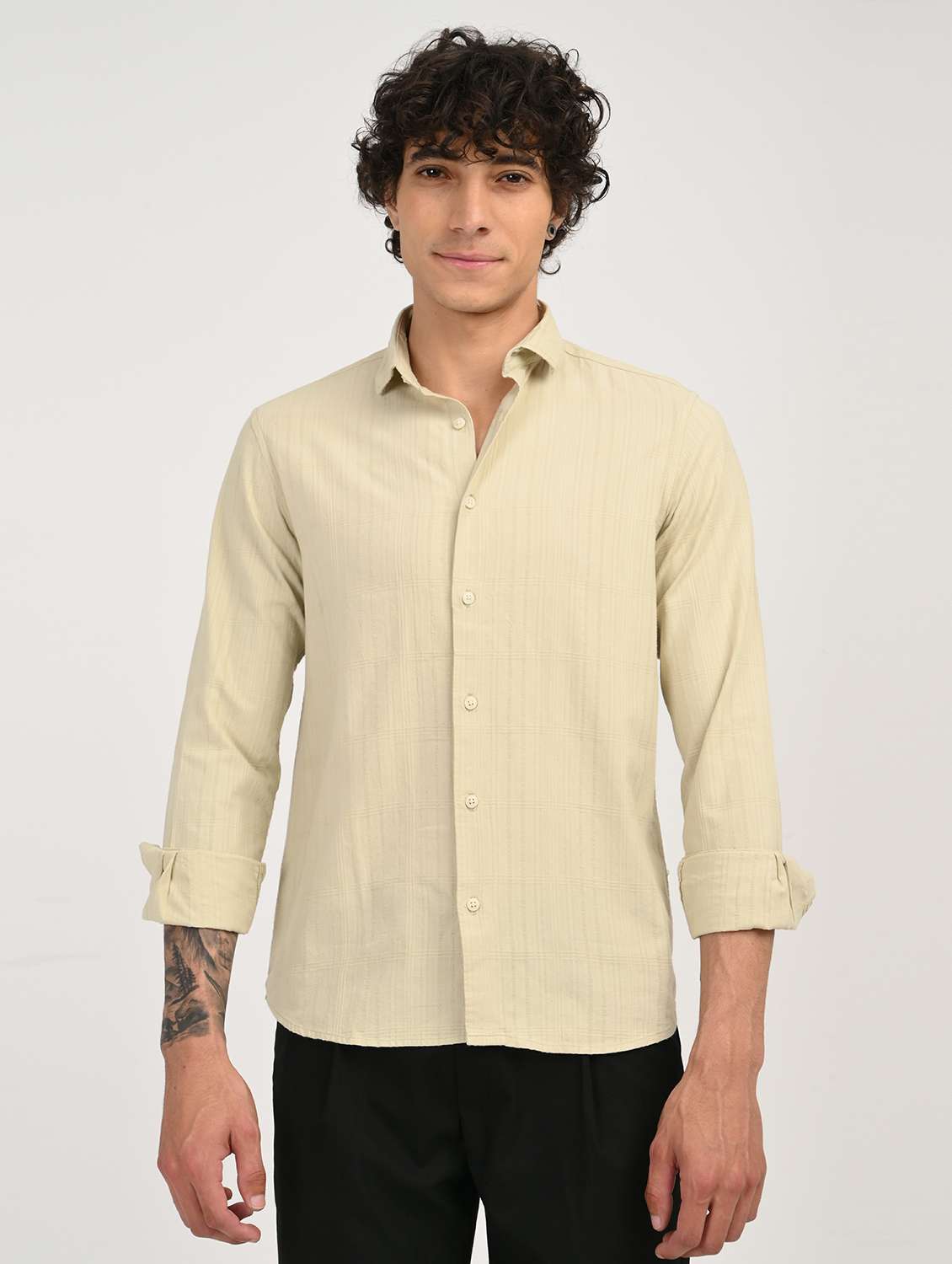 men solid collared long sleeve casual shirt - 22012844 -  Standard Image - 1