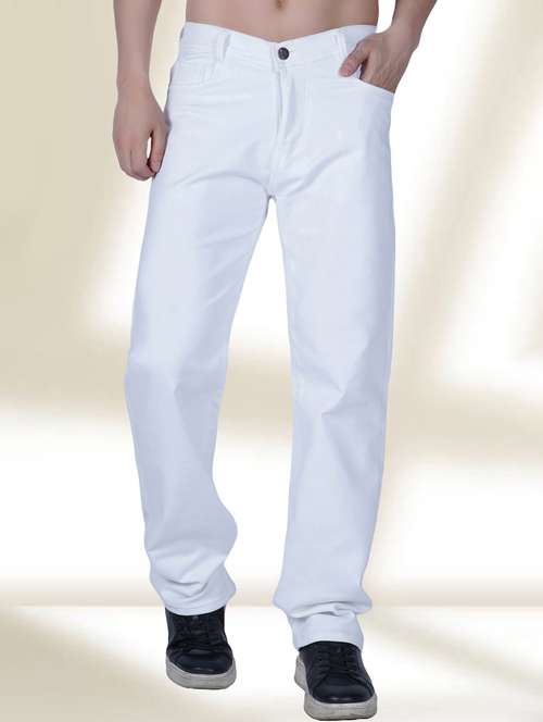men white plain mid rise relaxed fit jeans - 22012896 - Standard Image - 0