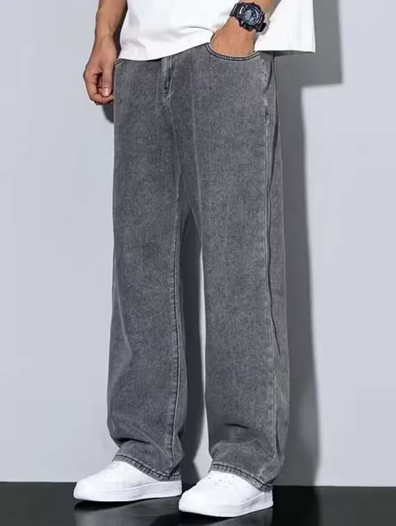men grey plain mid rise baggy jeans