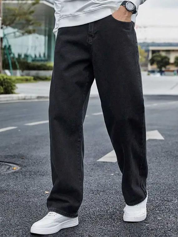 men grey plain mid rise baggy jeans - 22012909 - Standard Image - 1