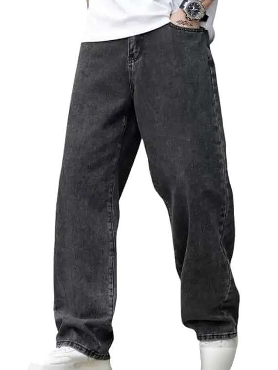 men grey plain mid rise baggy jeans
