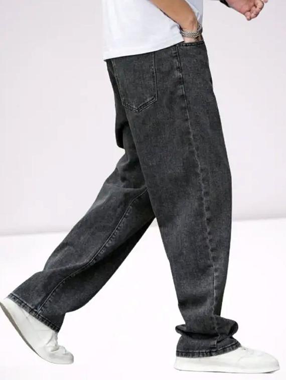men grey plain mid rise baggy jeans - 22012918 -  Standard Image - 1