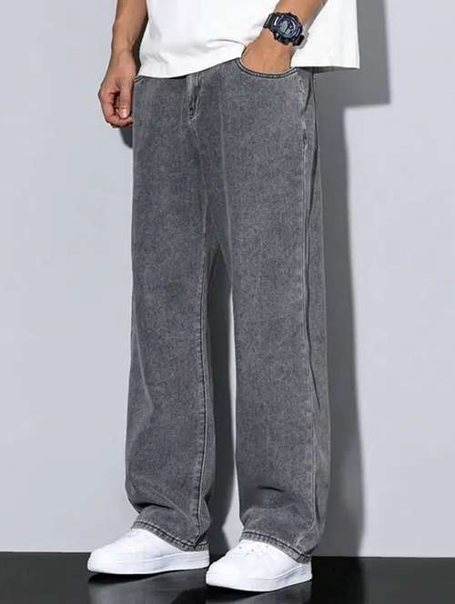 men grey plain mid rise baggy jeans - 22012919 -  Standard Image - 0