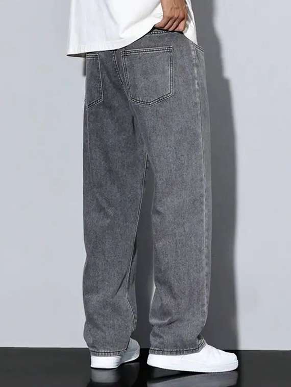 men grey plain mid rise baggy jeans - 22012919 -  Standard Image - 1