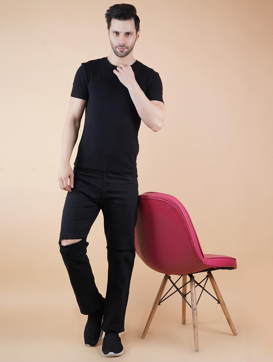 men black slash knee mid rise relaxed fit jeans - 22012939 -  Standard Image - 1