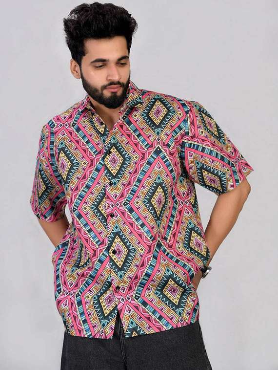 men geometric printed short sleeve oversized casual shirt - 22012962 -  Standard Image - 1