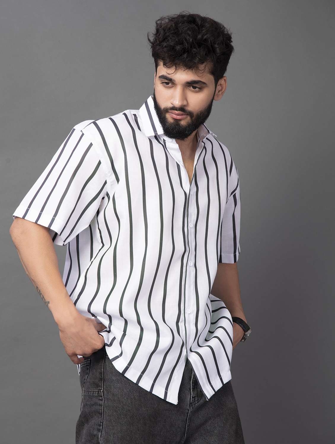 men striped short sleeve oversized casual shirt - 22012971 -  Standard Image - 1