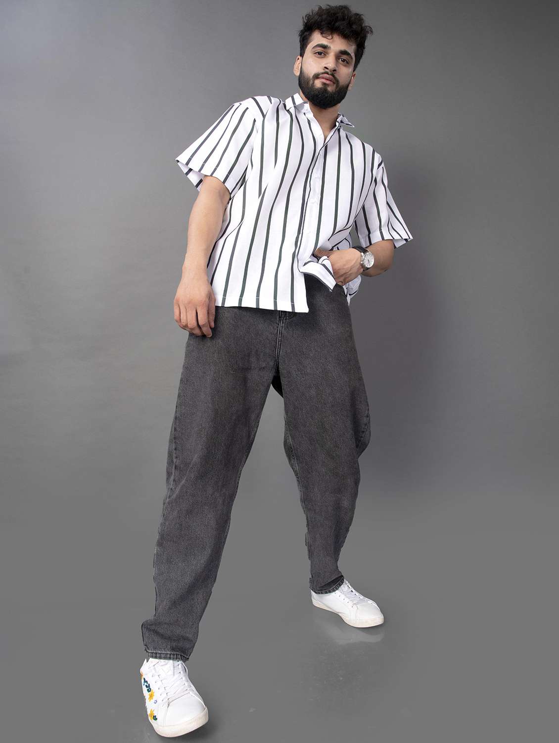 men striped short sleeve oversized casual shirt - 22012972 -  Standard Image - 4