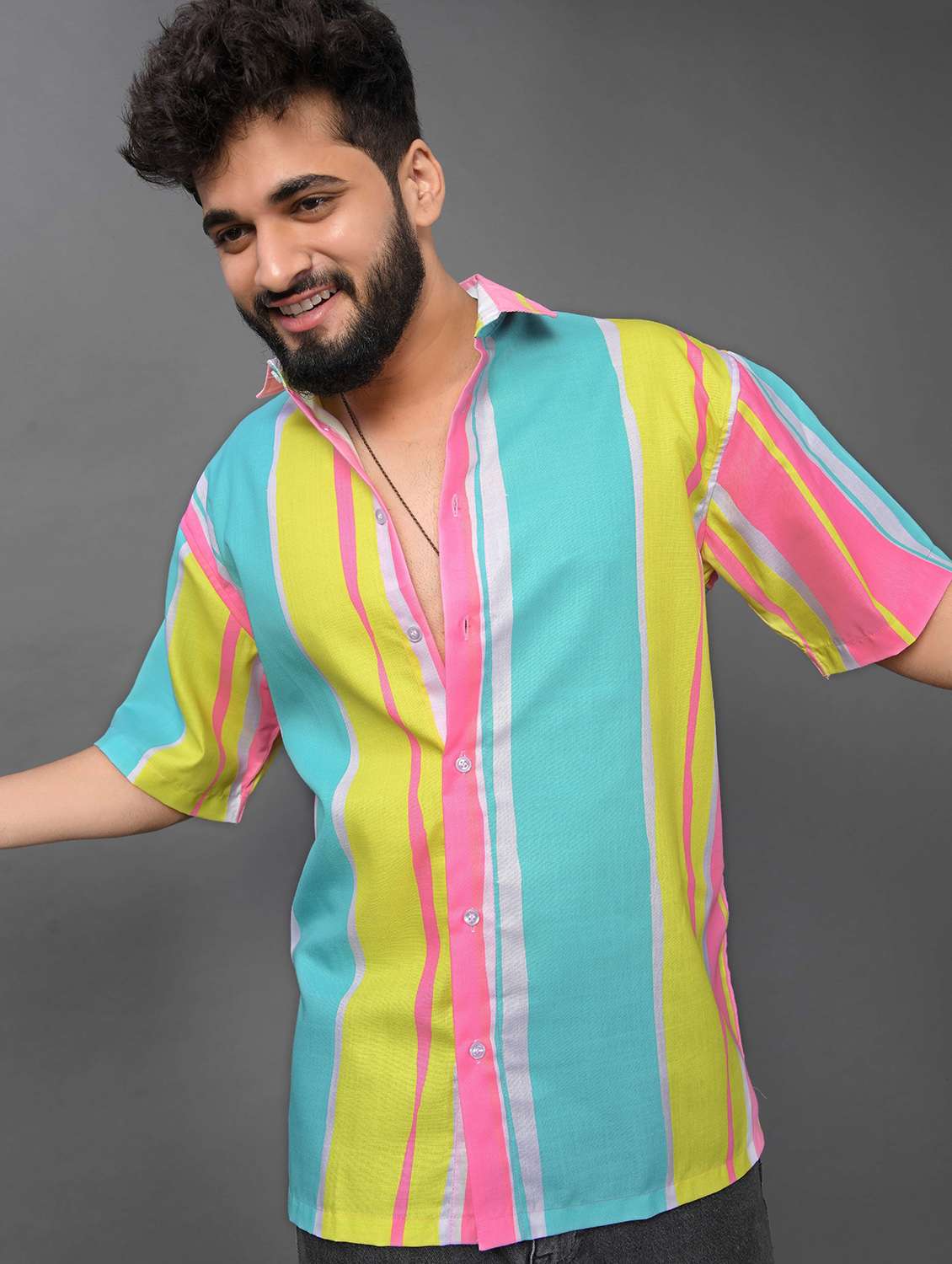 men striped short sleeve oversized casual shirt