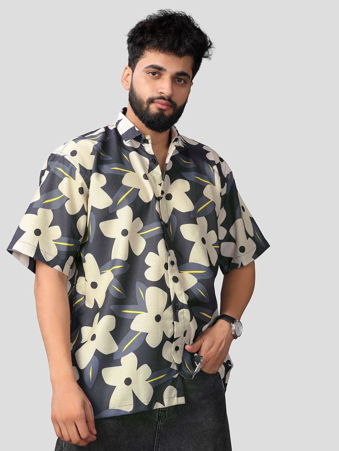 men floral printed short sleeve oversized casual shirt