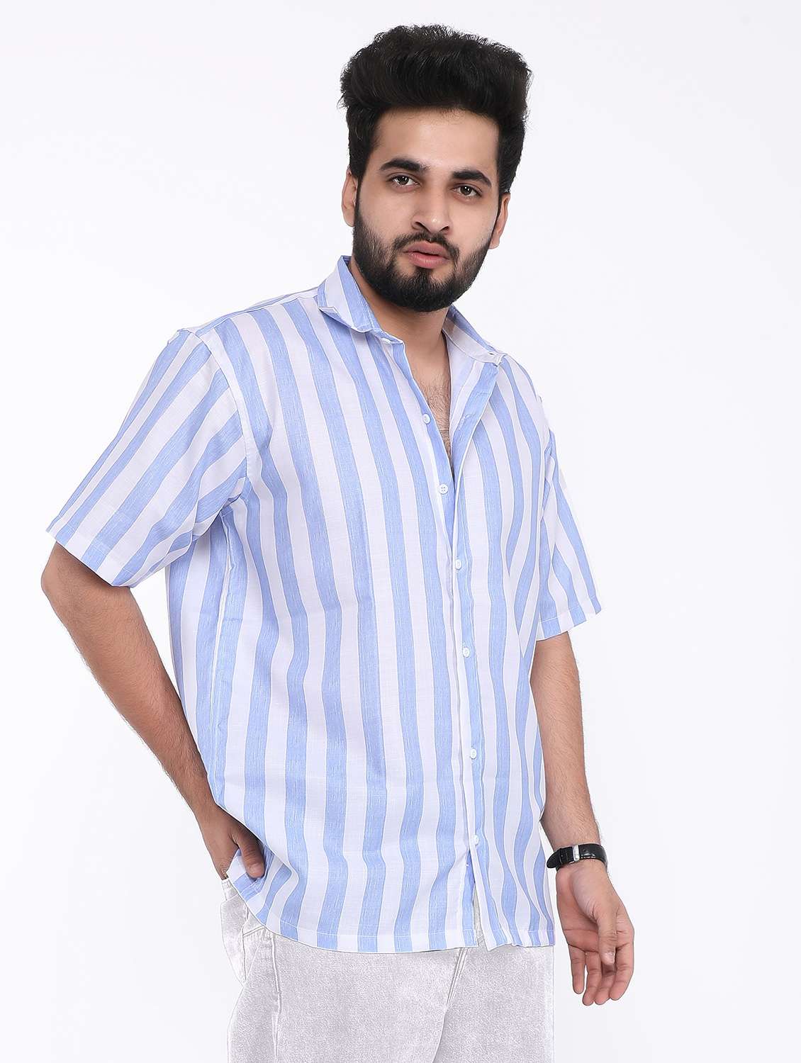 men striped short sleeve oversized casual shirt - 22013053 -  Standard Image - 1