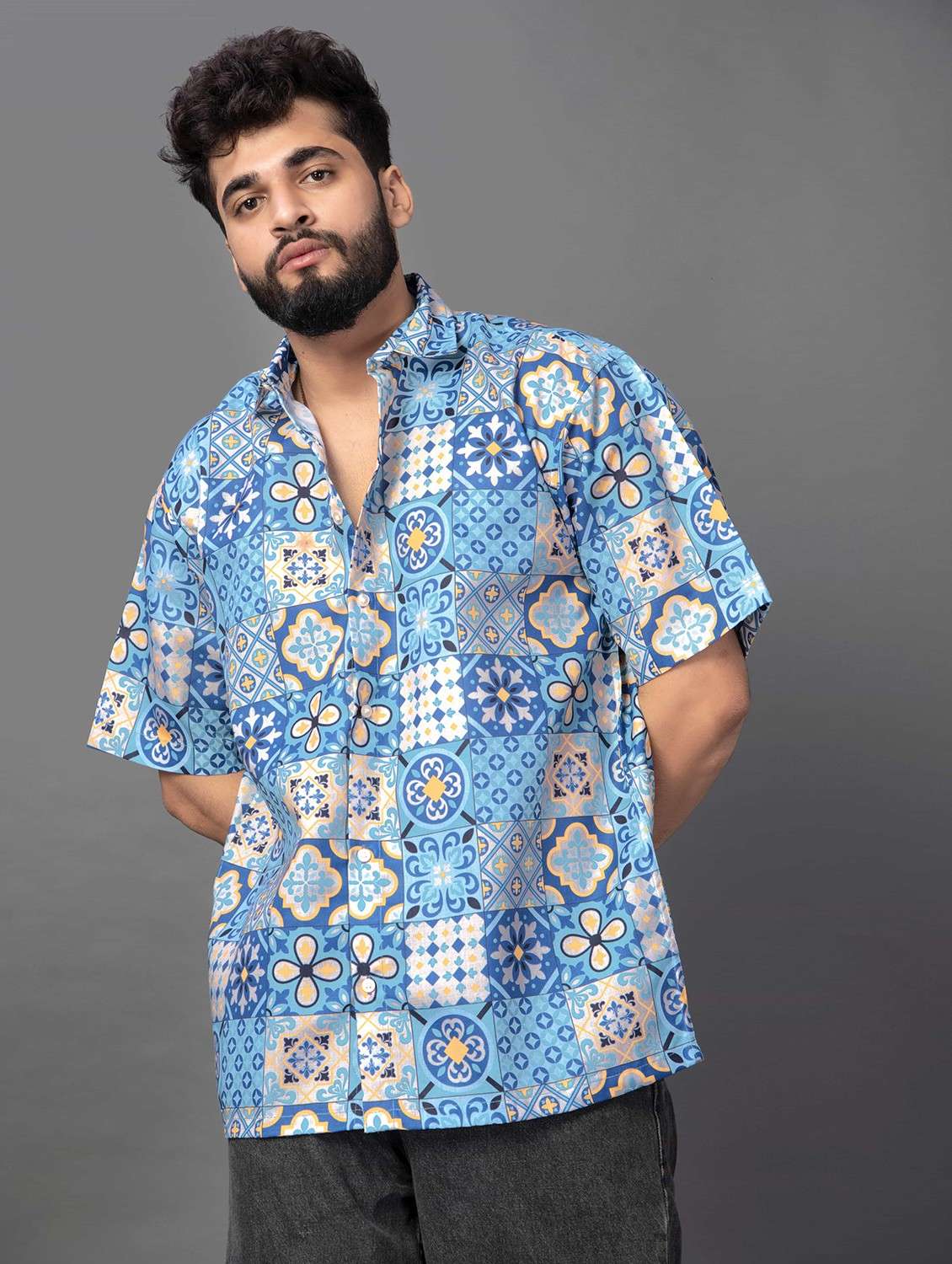 men printed short sleeve oversized casual shirt - 22013065 -  Standard Image - 1