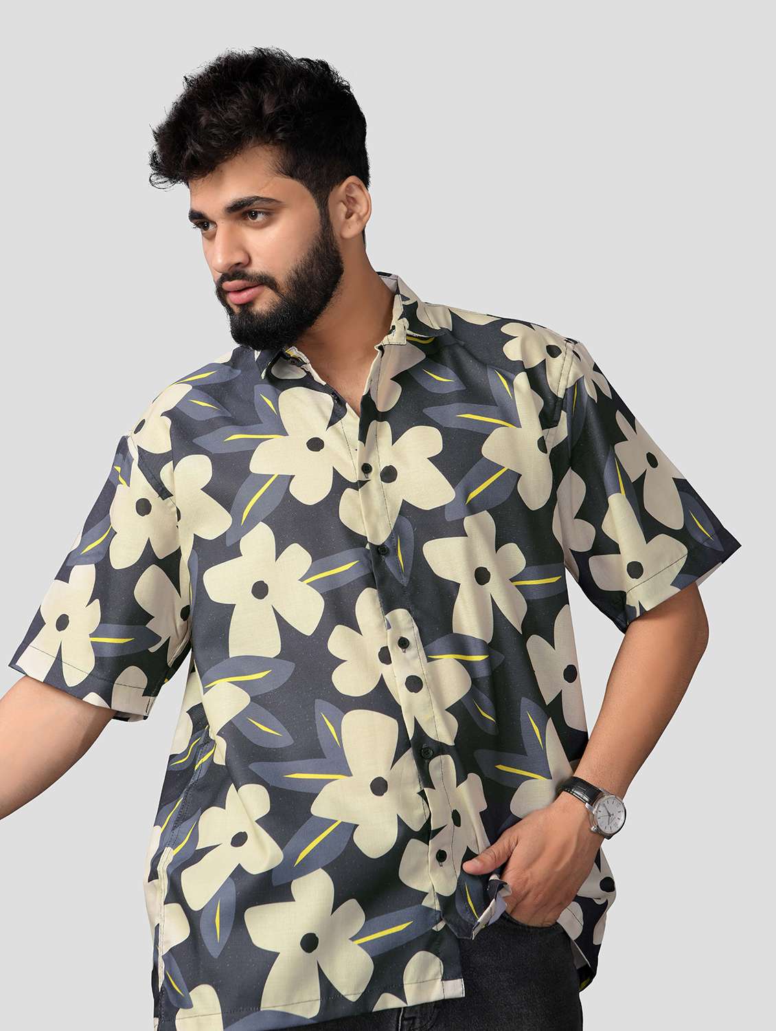 men floral printed short sleeve oversized casual shirt - 22013079 -  Standard Image - 1