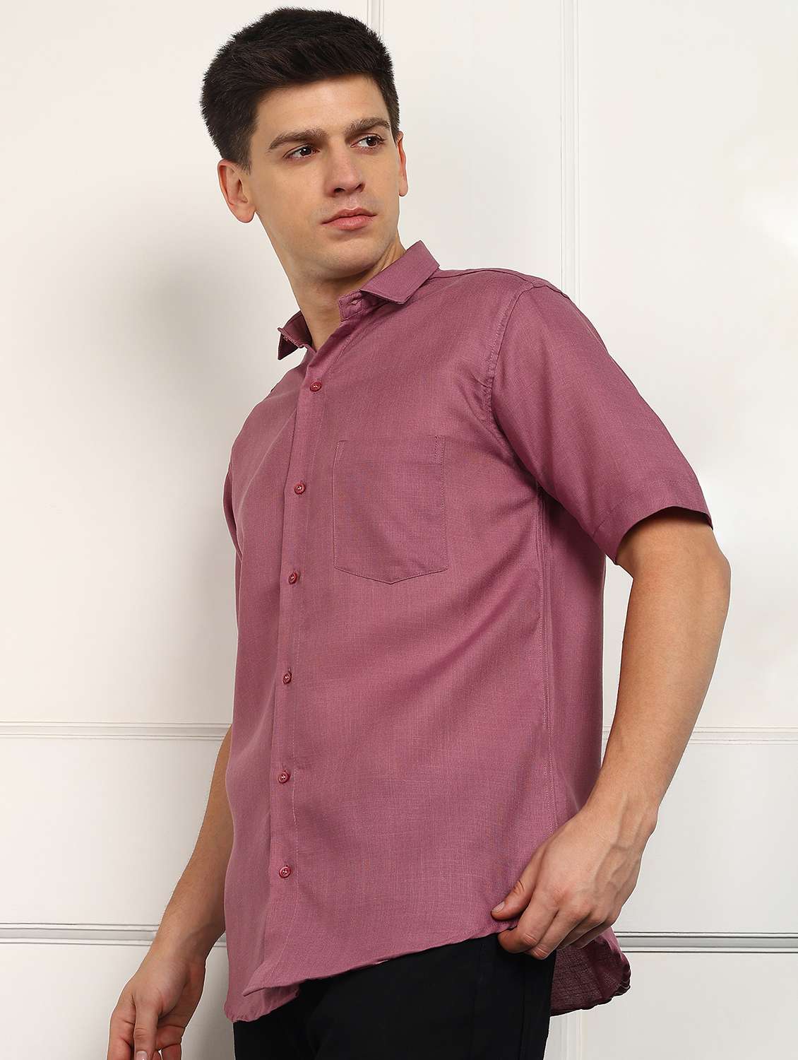 men solid short sleeve regular fit casual shirt - 22013100 - Standard Image - 1