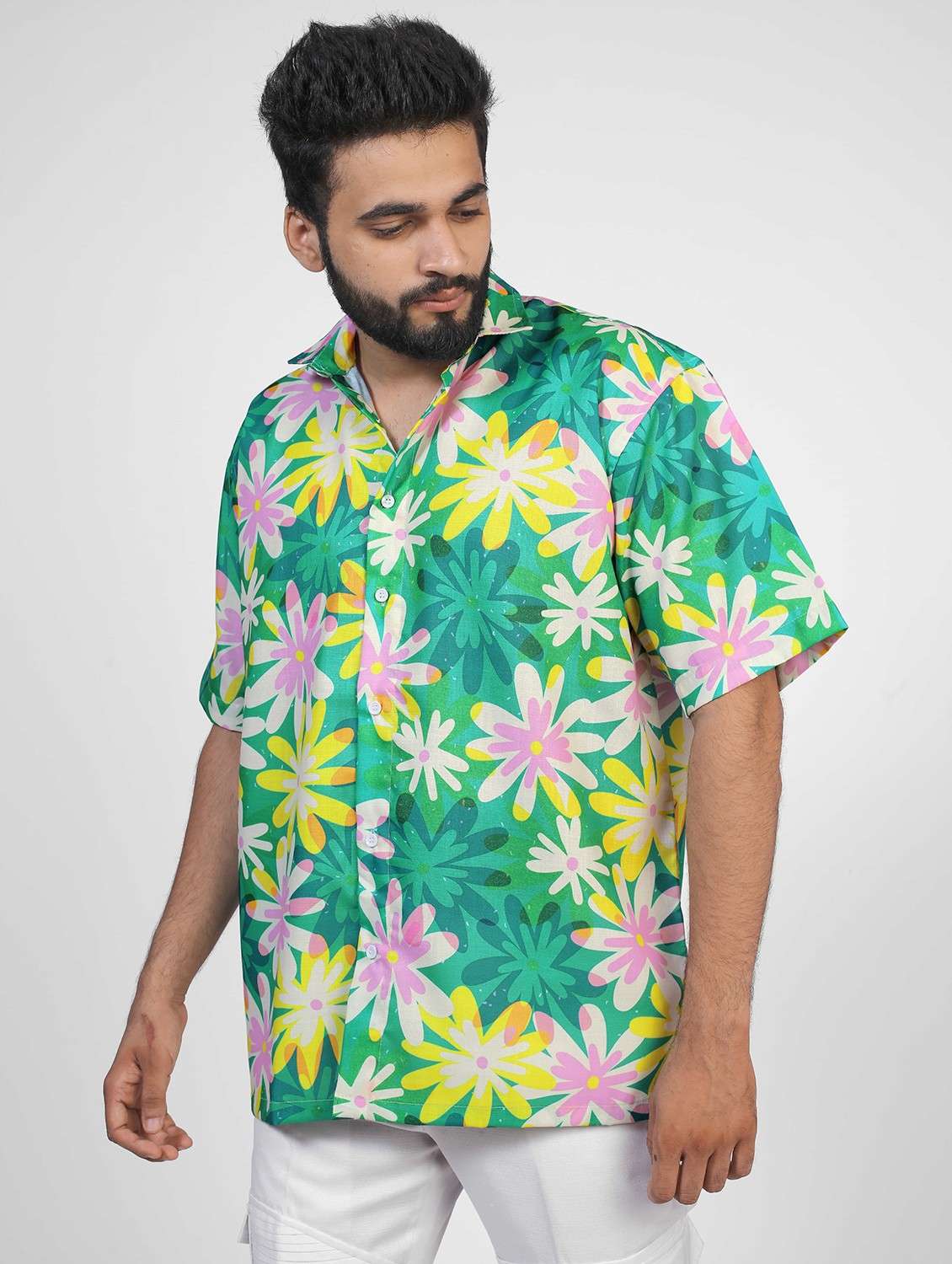 men floral printed short sleeve oversized casual shirt - 22013126 -  Standard Image - 1