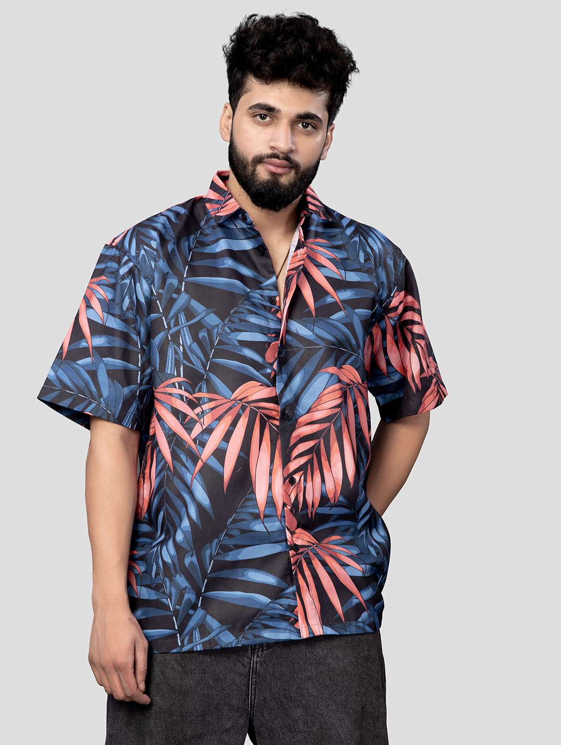 men leaf printed short sleeve oversized casual shirt - 22013127 -  Standard Image - 1